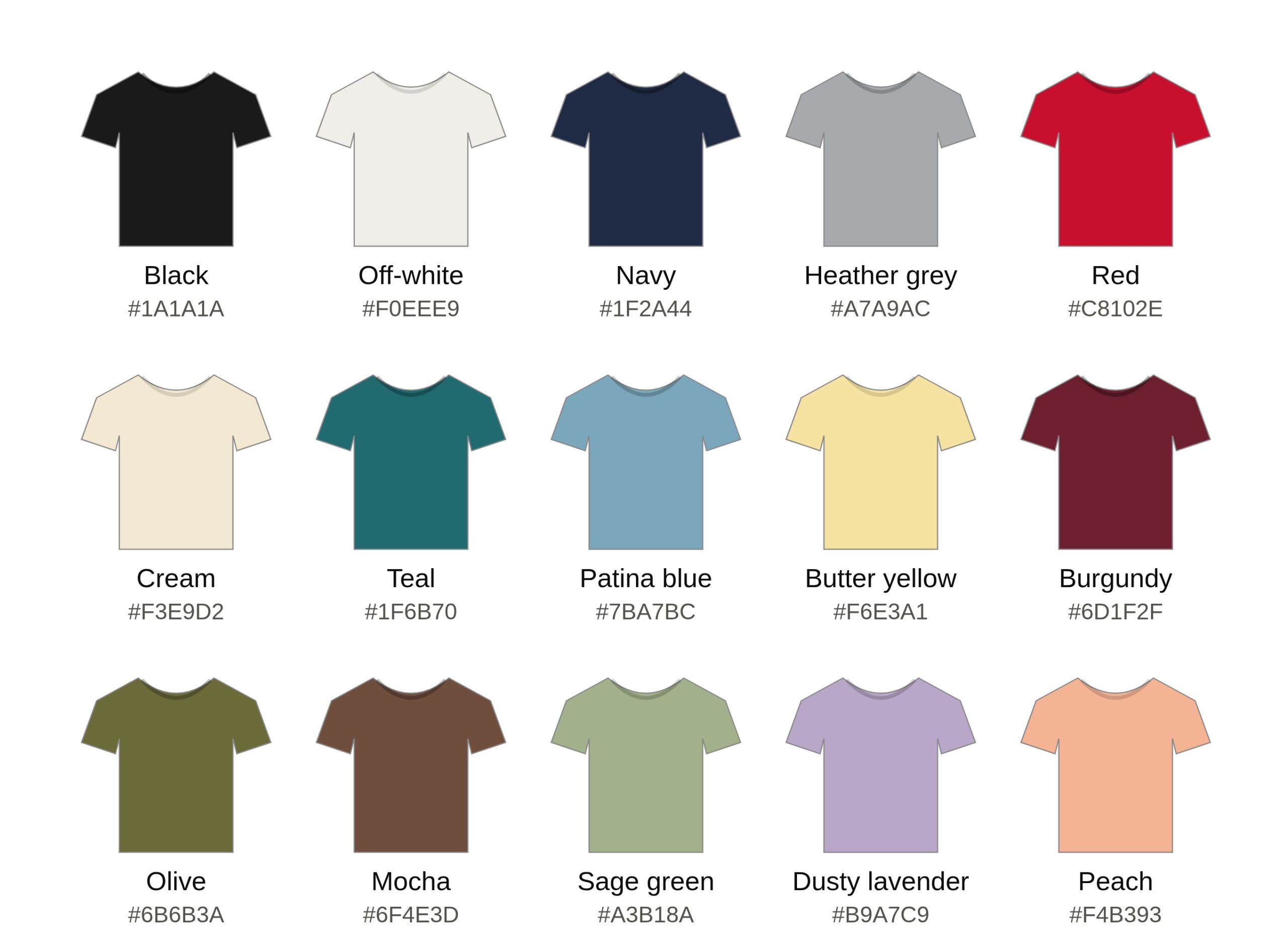 Bulk Cloth Store t-shirt colour chart with names and hex colour codes