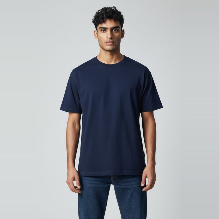 Model wearing navy plain t-shirt, colour code #1F2A44 – Bulk Cloth Store