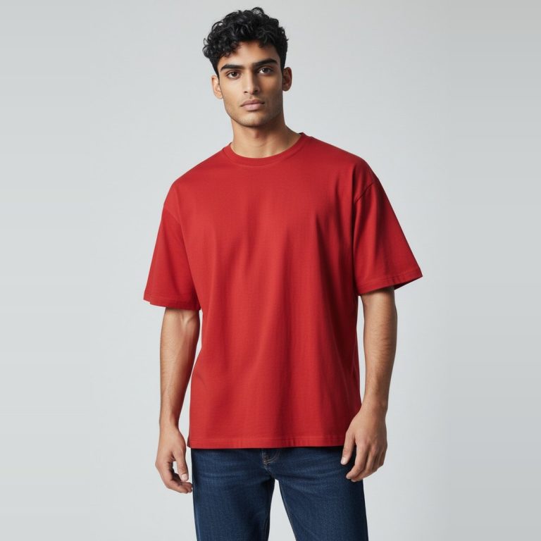 Model wearing red plain t-shirt, colour code #C8102E – Bulk Cloth Store