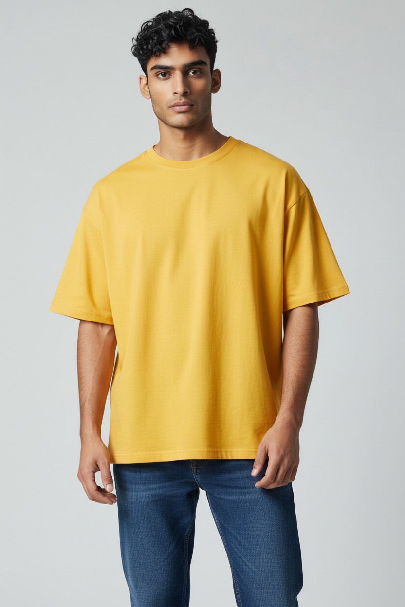 Yellow Oversized Drop-Shoulder T-Shirt - Cotton Lycra 210 GSM - model photo