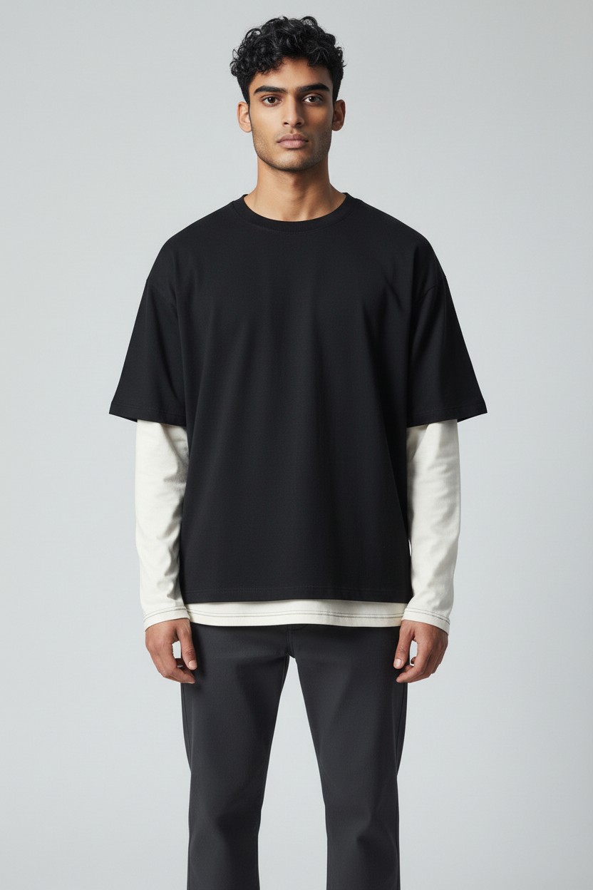 Double Sleeve Layered T-Shirt - Cotton Fleece + Cotton + Lycra 210-260 GSM - model photo