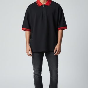 Zip Polo T-Shirt with Contrast Collar - Fake Cotton Lycra 220 GSM - model photo