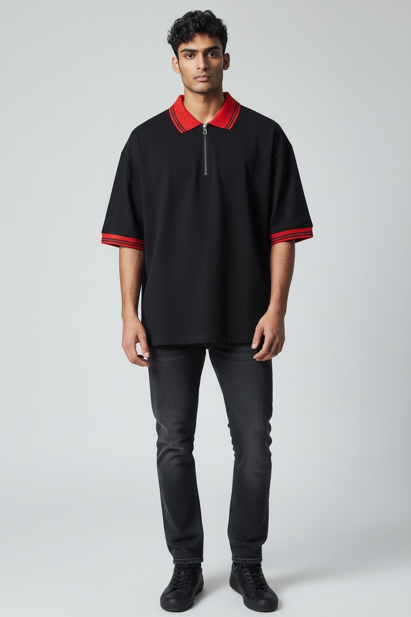 Zip Polo T-Shirt with Contrast Collar - Fake Cotton Lycra 220 GSM - model photo