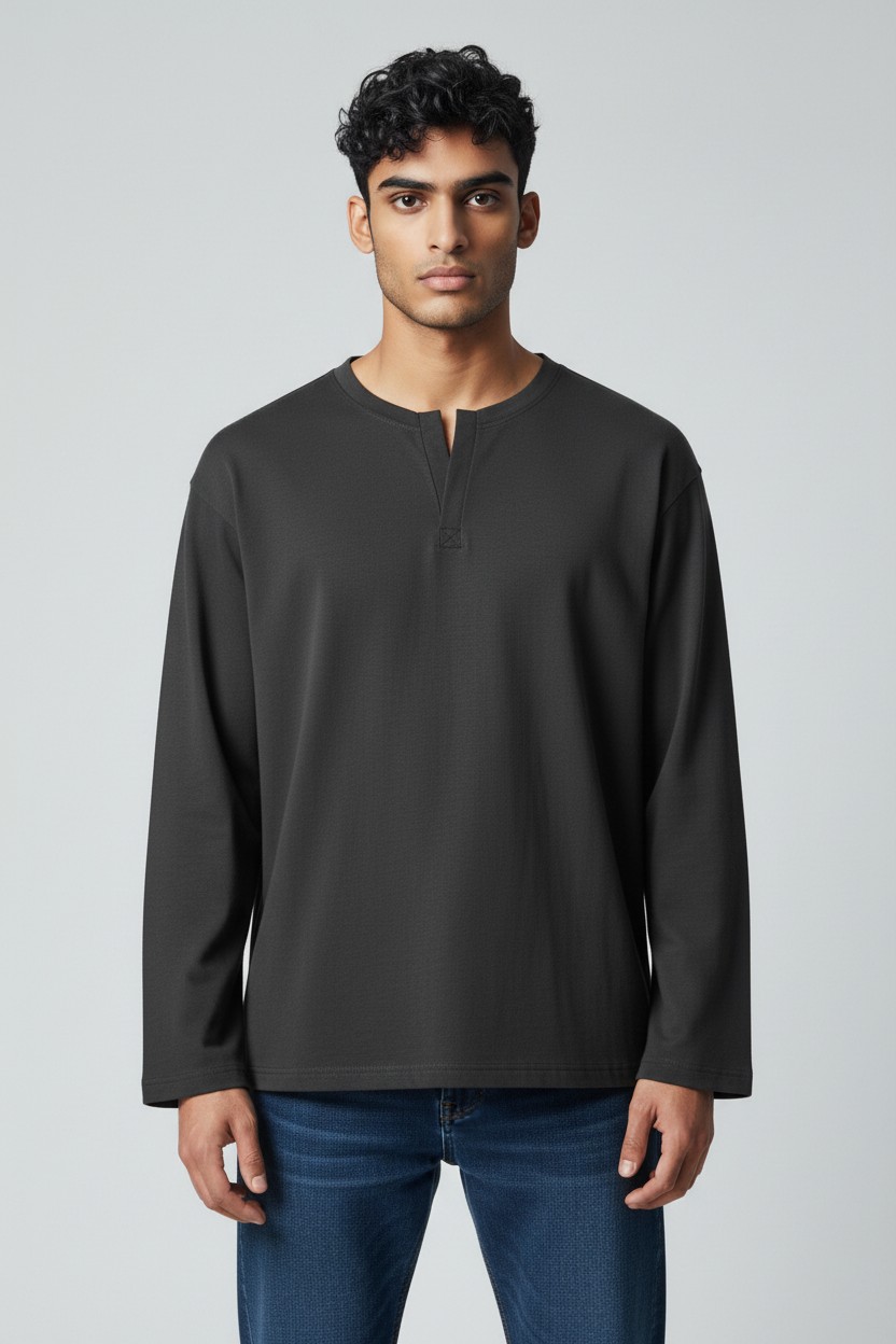 Henley Waffle Full Sleeve T-Shirt - Lycra Cotton 210 GSM - model photo