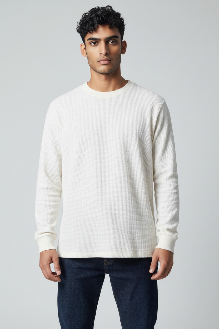 Waffle Knit Full Sleeve T-Shirt - Cotton 250 GSM - model photo
